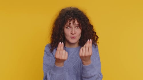 Woman Rubbing Fingers Show Cash Gesture Demands to Pay Back the Debt Take Loan Do Shopping Begging