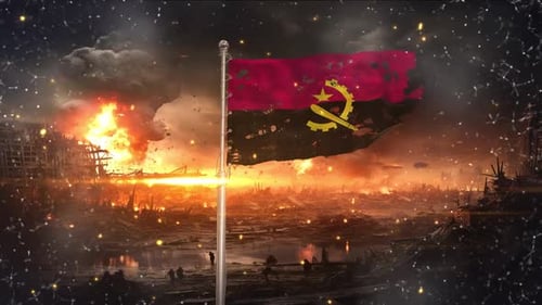 Angolan Flag Waving in War-Torn Post-Apocalyptic Landscape