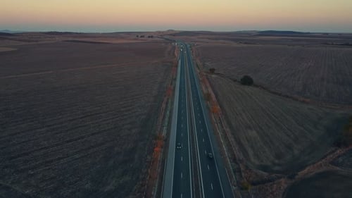Aerial View of Highway Road at Sunset in Autumn