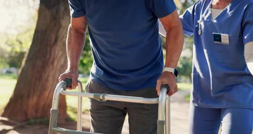 Elderly, man and walker with nurse for walking, support and mobility outdoor in park