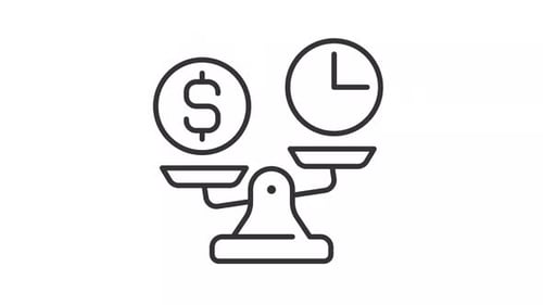 Thin black animation of money and time on weight scale icon
