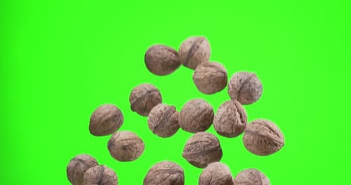 Several walnuts slowly rise and fall against on a green background (chroma key). Slow motion 300 fps