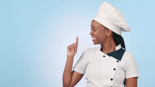 Señal de mujer, chef y aprobación para menú publicitario, presentación de restaurante o elección de comida de apoyo