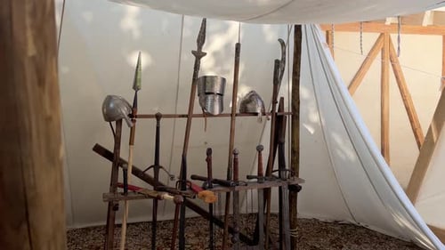 Medieval Weaponry on Display Inside Tent