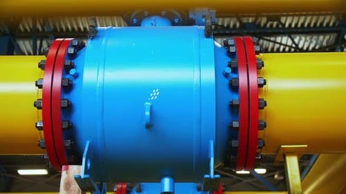 Blue Tank on Pipeline at Gas Compression Station Closeup