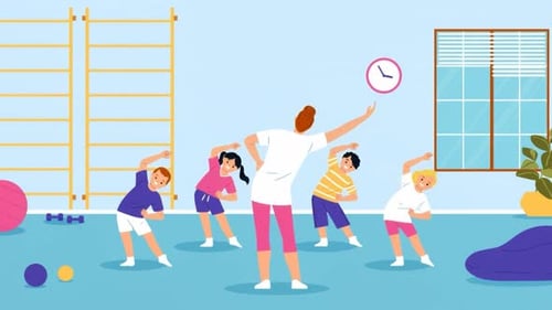 Children Doing Stretching Exercises with Fitness Instructor - School Kids - Fun - Indoor Sports