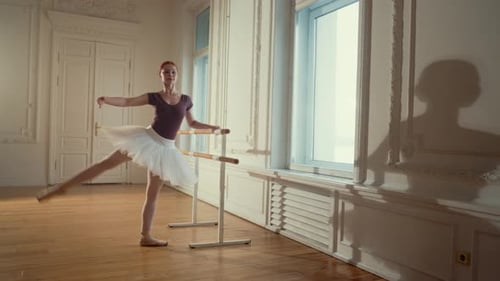 Beautiful Young Student of Ballet School Rehearsing at Barre in Dance Class Attractive Graceful