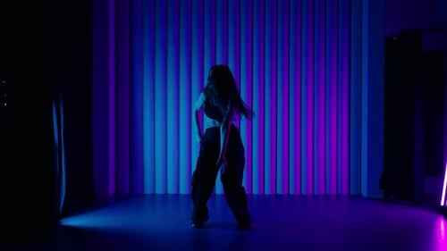 Modern Choreography Young Woman Dancing HipHop In Studio With Neon Lights Creative Hobby