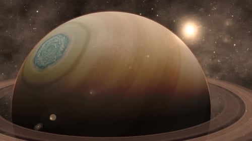 3d Realistic Saturn Ring Planet View With Glowing Sun