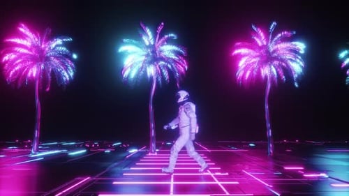 Fond Synthwave représentant un astronaute marchant et des palmiers rougeoyants