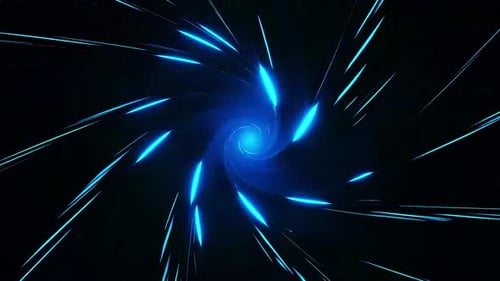 Dynamic abstract blue light streaks swirling into a vortex tunnel