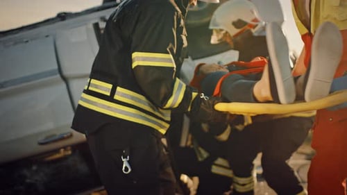 On the Car Crash Traffic Accident Scene: Rescue Team of Firefighters Pull Female Victim out of Roll