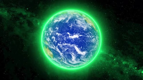Rotating Earth Globe with Green Neon Glow in Space