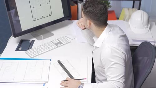 Male designer working in modern office for a new project. Interior architecture.