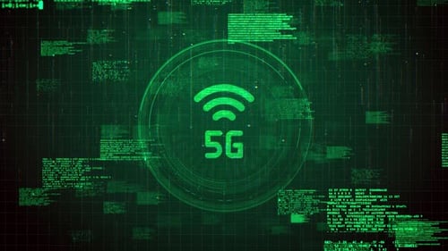 Футуристический значок 5G на зеленом фоне анимации взлома