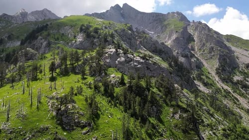 Beautiful epic rocks with scatterings of stones and coniferous trees. Mountains Komovi. Montenegro.