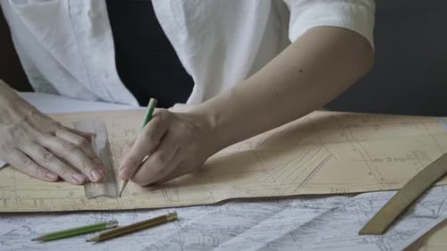 Engineer draws the project using ruler and a pencil. Papers and drawings on the desk