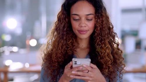 Business woman, phone and laughing for funny joke, meme or social media post typing at office