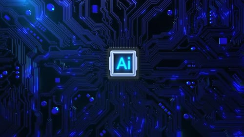 Animated AI Processor Chip on Digital Circuit Board Background