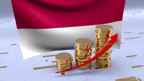 Indonesia Flag With Gold Coins Tower And Up Arrow