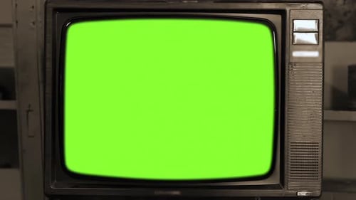 Old Television With Wooden Frame and Green Chroma Key Screen - Zoom In - 4K