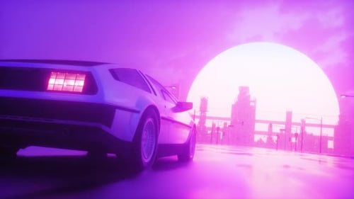 Car Riding On Endless Road With Cityscape View Synth Wave Looped