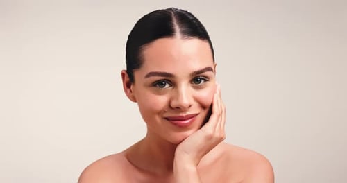 Face, beauty and skincare with happy woman in studio for dermatology and space