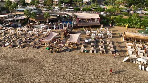 Beach Cafe on the Mediterranean Sea Aerial View 4 K