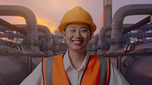 Close Up Of Asian Female Engineer Standing With Arms Akimbo, Industrial Pipeline