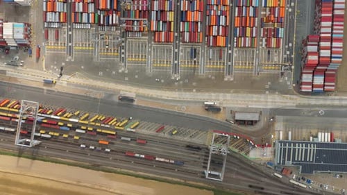 Aerial view of shipping containers, United Kingdom.