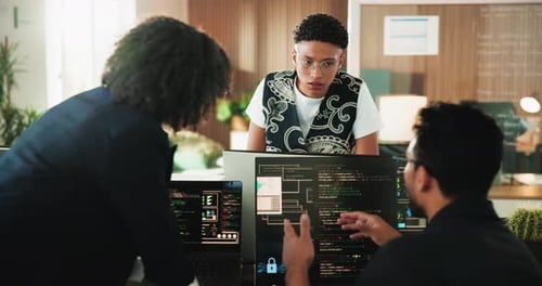 Coding, feedback or people with computer screen in office, framework script