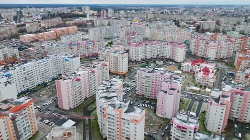 High-rise apartment buildings in a modern residential urban area.