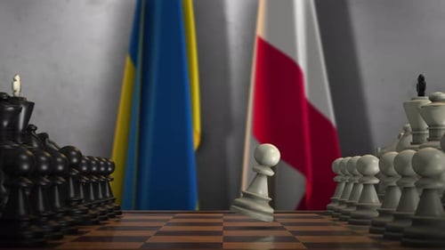Ukraine Poland Flags: Political Strategy Chess Game Intro