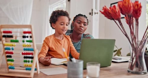 Mother, child and remote learning on laptop for virtual school with abacus for counting