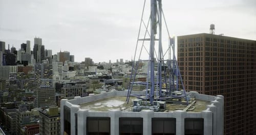 View of a City Skyline with a Telecommunications Tower on a Rooftop