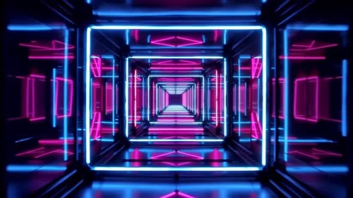 Neon-Synthwave-Korridor mit blauen und rosafarbenen geometrischen Lichtern