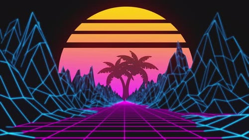 Retro-Wellenanimation mit Sonne, Raum, Palmen, Bergen und Lasergitter auf Gelände