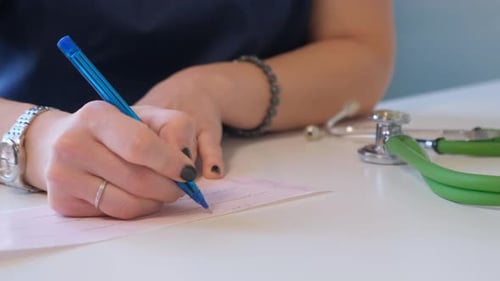 Doctor Writing Prescription in Clinical Setting