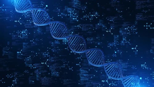 Cadena de ADN 3D Tecnología de la ciencia genética Fórmulas moleculares Datos digitales Biotecnología Innovación