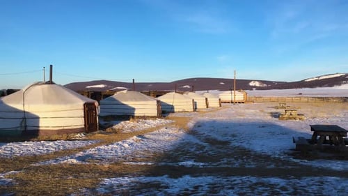 Nomadic Mongolian Yurt Camp During Winter. Khatgal, Northern Mongolia