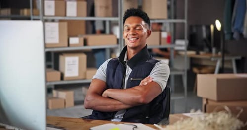 Warehouse, crossed arms and face of man with boxes on computer for delivery