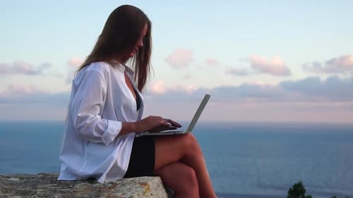 Woman Laptop Sea Working Remotely on Seashore Happy Successful Woman Female Freelancer Working on
