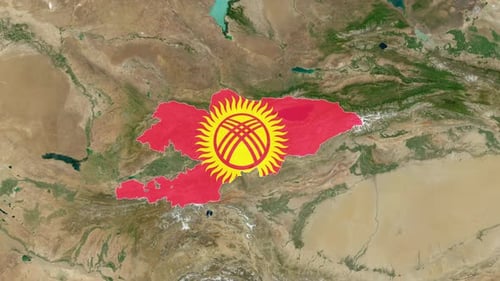 World Map Zoom to Kyrgyzstan with National Flag Reveal