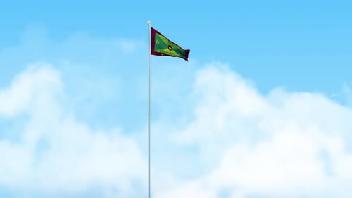 Grenada Flag 3D Render Animation Waving on Pole with Blue Sky