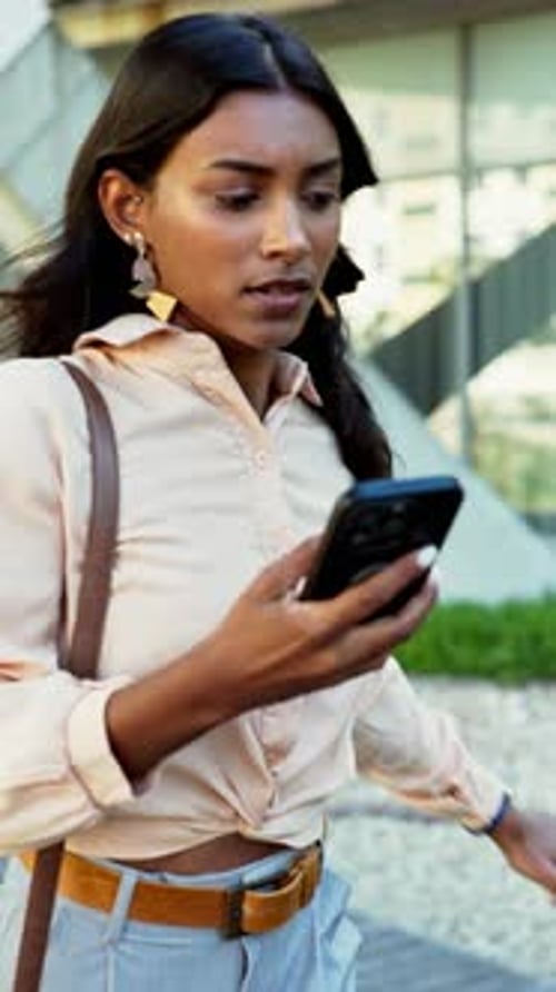 Woman, watch or rush with phone for late schedule, deadline or urgent work crisis in city