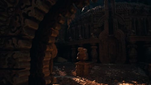 Le soleil illumine une scène de cour en pierre historique en ruine