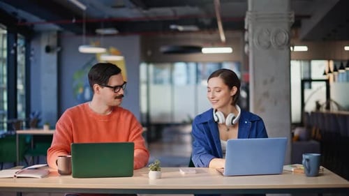 Smiling Colleagues Acquaintance Workplace Creative Agency Closeup Two Coworkers