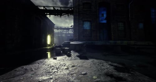 Mysterious Urban Alley Bathed in Moonlight with Reflective Puddles