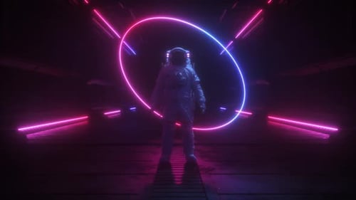 Astronaut in Neon-lit Corridor