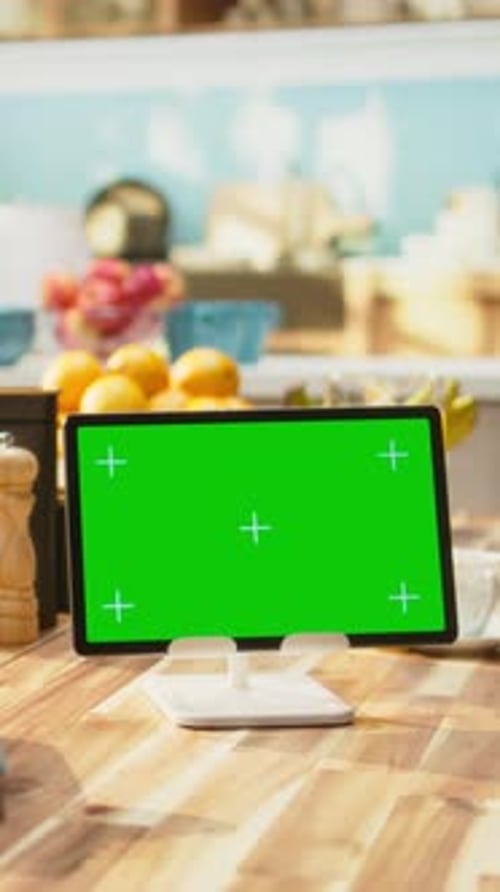 Vertical Video Isolated Chroma Key Empty Wooden Kitchen Breakfast Table and Furniture